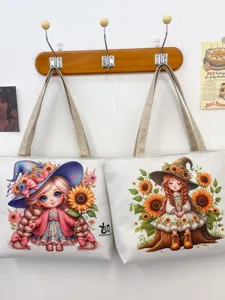 Borsa shopper in tela da donna casual con stampa cartoon di girasole per spiaggia e spesa