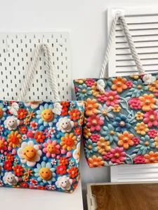 Canvas beach bag with thick rope handles and colorful floral smiley face print for women