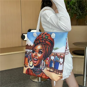 Large capacity canvas shoulder bag with vibrant African woman print and braided rope handles.
