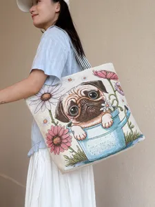Cute pug embroidered canvas tote bag, large capacity single shoulder shopping bag main view.