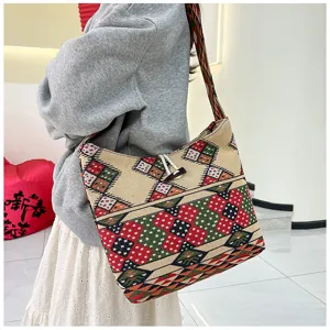 Ethnic style woven canvas shoulder bag for women, large casual crossbody bag with geometric embroidery.