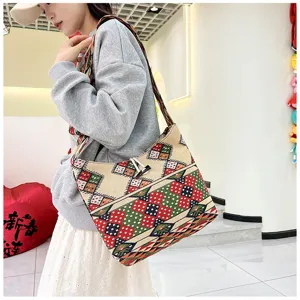 Ethnic style canvas shoulder bag for women, retro geometric embroidered crossbody bag.