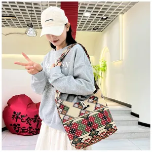 Ethnic style woven crossbody saddle bag, stylish retro shoulder bag with geometric patterns for daily use.