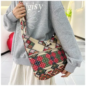 Ethnic woven crossbody bag with geometric pattern, vintage casual saddle bag for women.