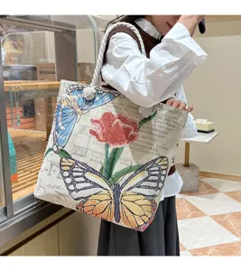 Grote canvas shopper tas voor dames, casual schoudertas met geborduurde vlinder.
