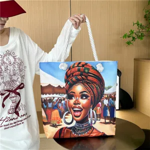 African art print shoulder tote bag large capacity beach handbag with thick rope handles