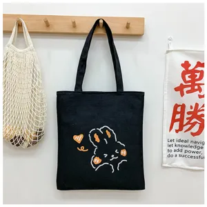 Maύρη τσάντα tote από καμβά με κέντημα λαγού, casual τσάντα ώμου για καθημερινή χρήση.
