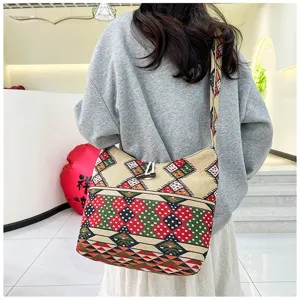 Ethnic embroidered canvas crossbody shoulder bag for women casual Harajuku style messenger bag.