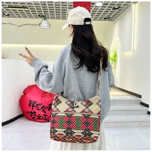 Ethnic boho canvas shoulder bag for women vintage geometric embroidered messenger handbag casual