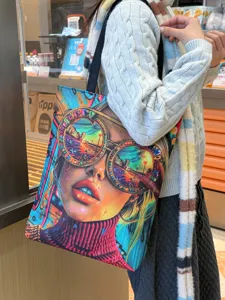 Ethno Stil Doppelseitige Canvas Umhängetasche Für Damen Frische Farbblock Bedruckte Porträt Eule Muster Canvas Einkaufstasche Lässige Tägliche Reise Handtasche