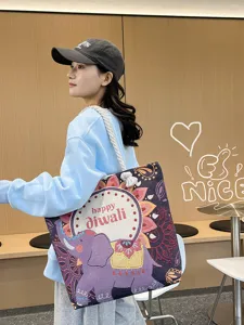 Ethnische bestickte Segeltuch-Tragetasche für Damen, große Schultertasche mit dicken Seilgriffen.