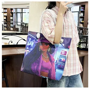 Leinwand Tragetasche für Damen mit stilvollem schwarzem Cartoon Mädchen Druck, ideal.
