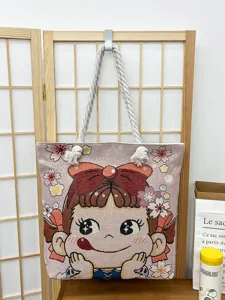 Gewebte Canvas Umhängetasche mit süßem Cartoon-Mädchen-Stickerei und großem Fassungsvermögen.
