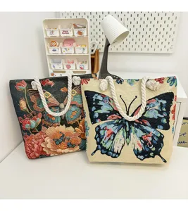 Grote Canvas Wandtapijt Tote Tas Vlinder Bloemenprint Casual Schoudertas Stijl