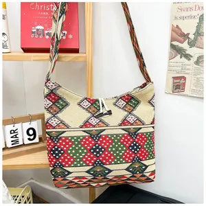 Ethnic style woven shoulder bag casual retro crossbody bag with embroidered geometric pattern and toggle.