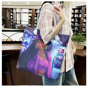 Leinwand Tragetasche Detailansicht, lässige Schüler Schultertasche mit Cartoon Grafik.