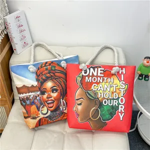 Canvas tote bag with African woman print and hemp rope handles, large capacity beach bag.
