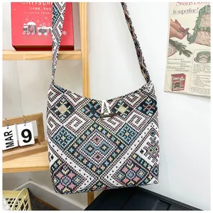 Ethnic woven shoulder bag vintage embroidered large crossbody bag casual tote handbag for women