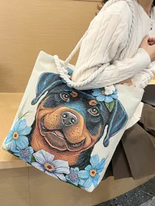 Μεγάλη τσάντα καμβά shopper με χαριτωμένο κέντημα σκύλου και χοντρές λαβές σχοινιού.