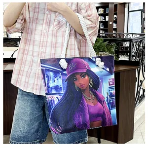 Stylische Canvas Tragetasche mit einzigartigem Cartoon schwarzes Mädchen Print und dickem Seil.