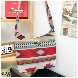 Boho woven crossbody bag ethnic geometric shoulder bag casual canvas messenger bag for women