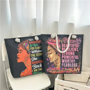 Canvas tote bag with rope handles, stylish African woman print, casual large capacity beach bag.