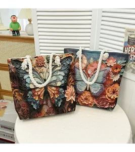 Bloemen vlinder jacquard shopper tas met dikke touw handvatten, grote casual schoudertas.