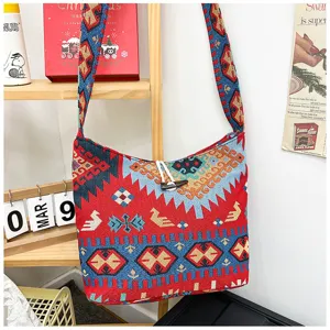 Ethnic style woven canvas crossbody shoulder bag with geometric patterns for casual daily wear.