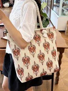 Damen Ethno Geometrische Leinwand Tote Bag Große Kapazität Bestickte Schultertasche Baumwollseil Griff Lässige Reisetasche