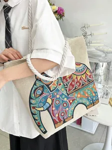 Borsa a tracolla in tela ricamata con elefante in stile etnico con spallacci in corda spessa