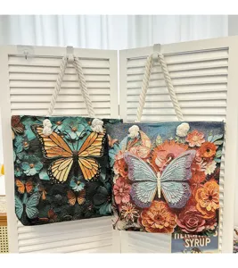 Grote canvas tote tas met prachtige vlinder en bloemen borduurwerk, schoudertas.