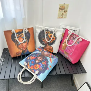 Canvas tote bags with artistic portrait prints, large capacity shoulder beach bags with rope handles.