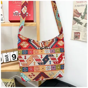 Ethnic woven crossbody bag, retro geometric pattern shoulder bag, casual literary large purse.