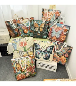 Vintage vlinder bloem geweven canvas shopper grote capaciteit casual schoudertas