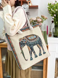 Borsa tote in tela ricamata con elefante in stile etnico con manico in corda, borsa.