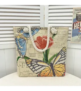 Grote canvas shopper tas met vlinder bloem print casual schoudertas vintage