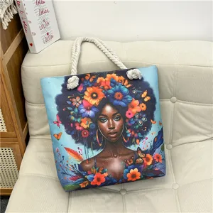 Casual large capacity canvas beach tote bag with artistic African woman and floral print and rope handles.