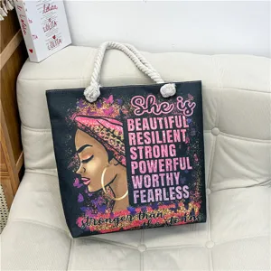 Canvas tote bag with African woman graphic and motivational text, large capacity beach handbag.