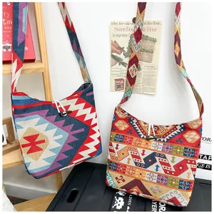 Boho ethnic geometric woven canvas crossbody bag vintage shoulder handbag with wooden toggle.