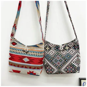 Ethnic style canvas shoulder bag detail, vintage geometric pattern crossbody bag.