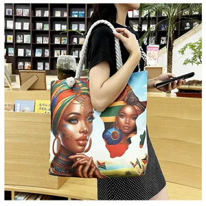 Stilvolle afrikanische Kunst Print Canvas Schultertasche mit dicken Seilgriffen und Perlen.