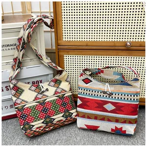 Ethnic style woven shoulder bag for women, retro geometric canvas crossbody bag with toggle.