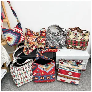Ethnic style canvas shoulder bag vintage geometric crossbody bag casual tote bag for women