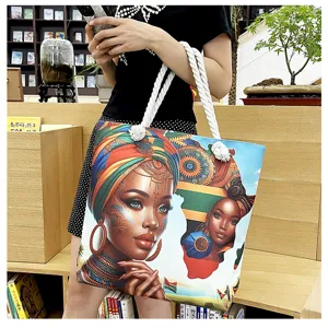 Stilvolle afrikanische Kunst Leinen-Tragetasche mit dicken Seilgriffen für den Alltag.