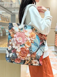 Dames Vintage Geborduurde Canvas Tote Tas Grote Capaciteit Vlinder Bloemenprint Schoudertas Met Touw Handvat Etnische Stijl Reistas