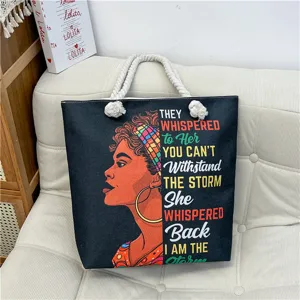 Canvas tote bag with inspiring woman graphic, large capacity beach shoulder bag with rope handles.