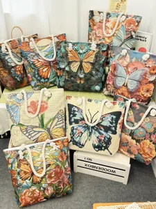 Vintage gobelin shopper tas met vlinder en bloemen print, grote schoudertas voor dames.