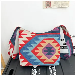 Ethnic style woven shoulder bag retro geometric pattern casual crossbody bag for women daily use