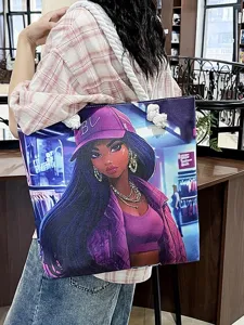 Modische Leinwand Tragetasche Handtasche mit stilvollem Cartoon Druck für Damen und Mädchen.