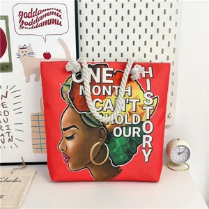 Red canvas tote bag with African woman graphic print large capacity casual shoulder bag